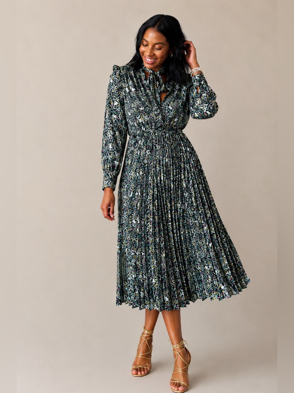 MACY’S Floral Pleated Tie-Neck Midi Dress in Green XL Like New